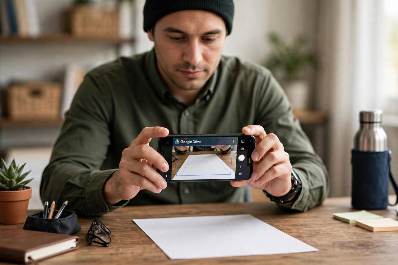 Person holding a smartphone showing the Google Drive app scanning a paper document on a desk
