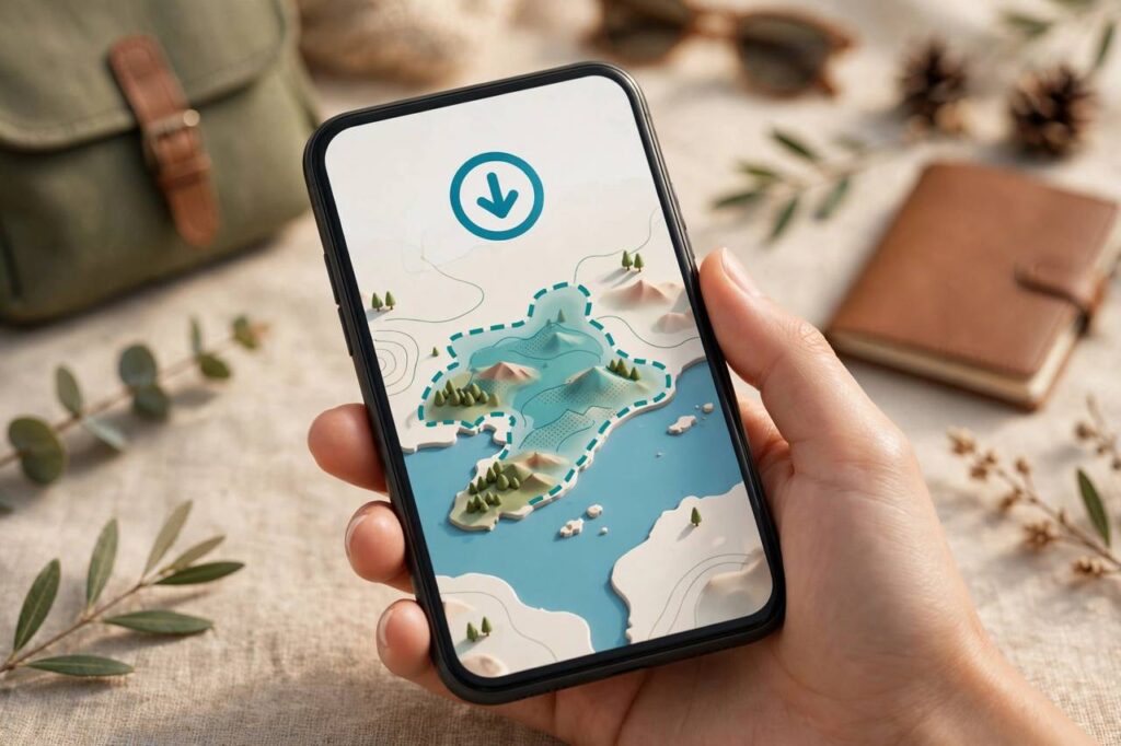 Hand holding a smartphone showing an offline map with a downloaded area highlighted, stylized illustration