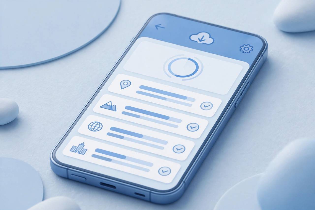 Smartphone showing offline maps management screen with downloaded regions list, stylized illustration