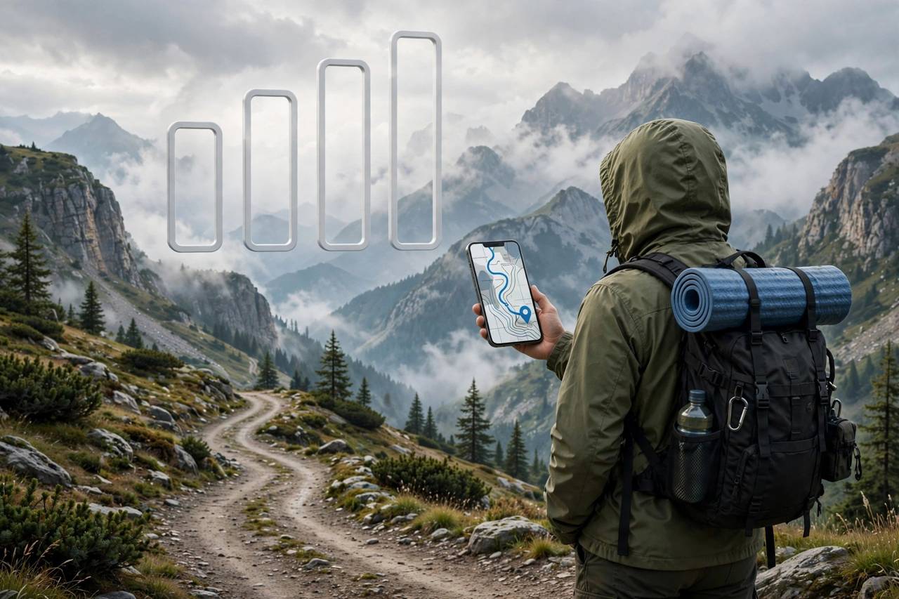Traveler navigating with a smartphone map on a mountain road with no signal bars, stylized illustration