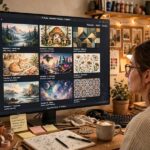How to Use Midjourney: A Beginner's Guide to AI Image Generation A user browsing AI-generated image variations on a monitor