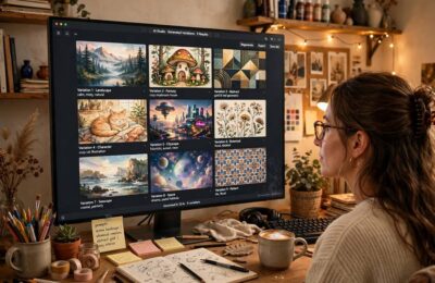 A user browsing AI-generated image variations on a monitor