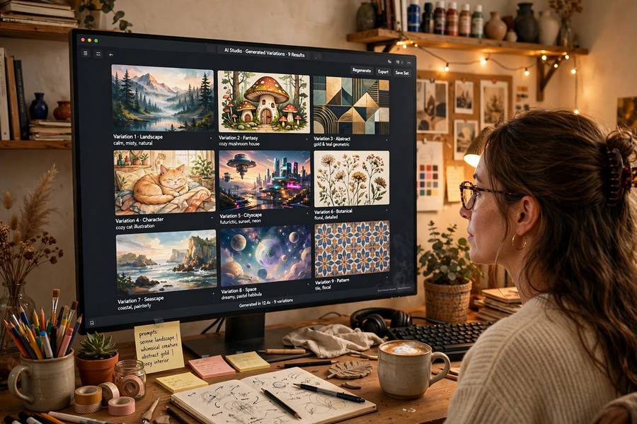A user browsing AI-generated image variations on a monitor