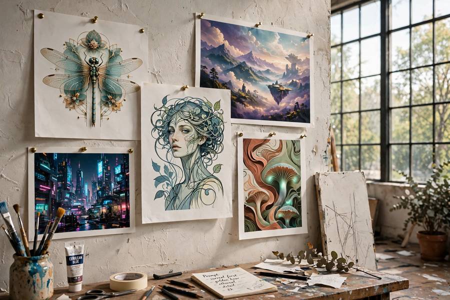 Printed AI-generated artwork displayed in a studio