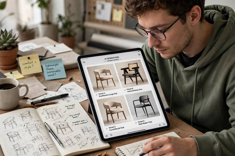 A designer comparing AI images with hand sketches