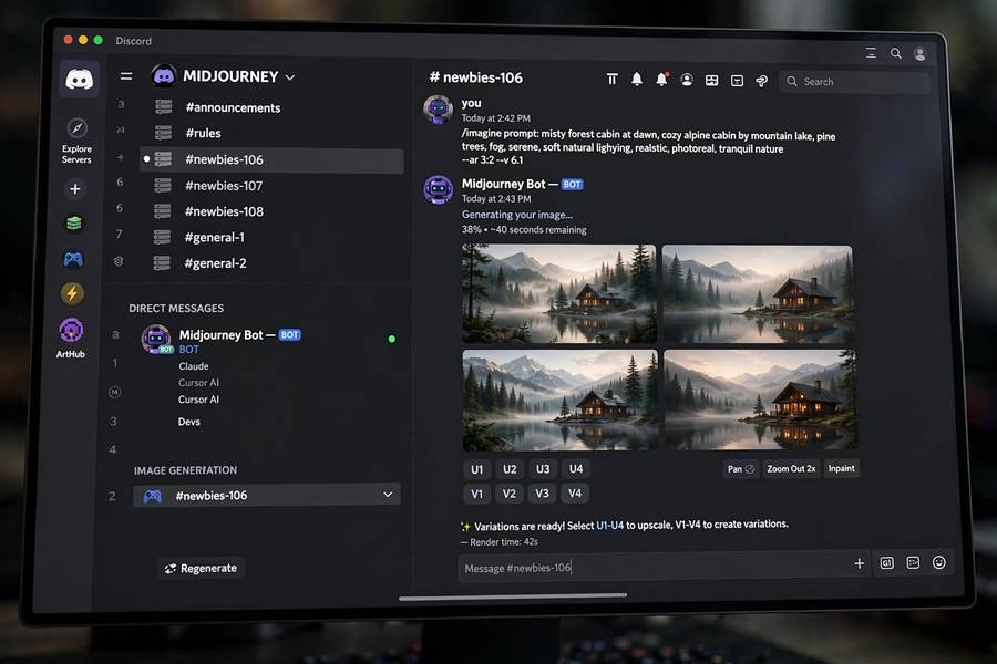 Discord interface showing how to use Midjourney on Discord with the imagine command
