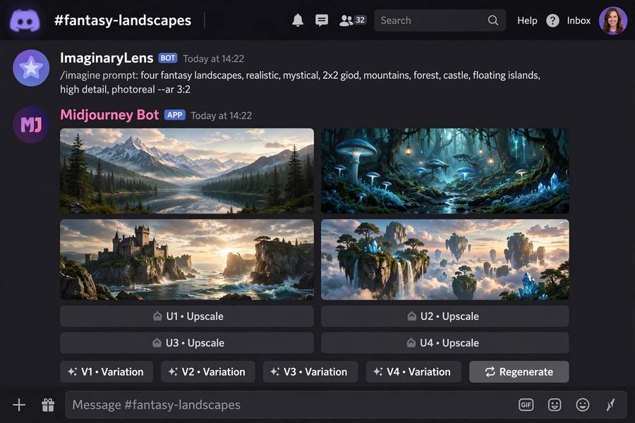 Four generated images with U and V buttons demonstrating how to use Midjourney on Discord