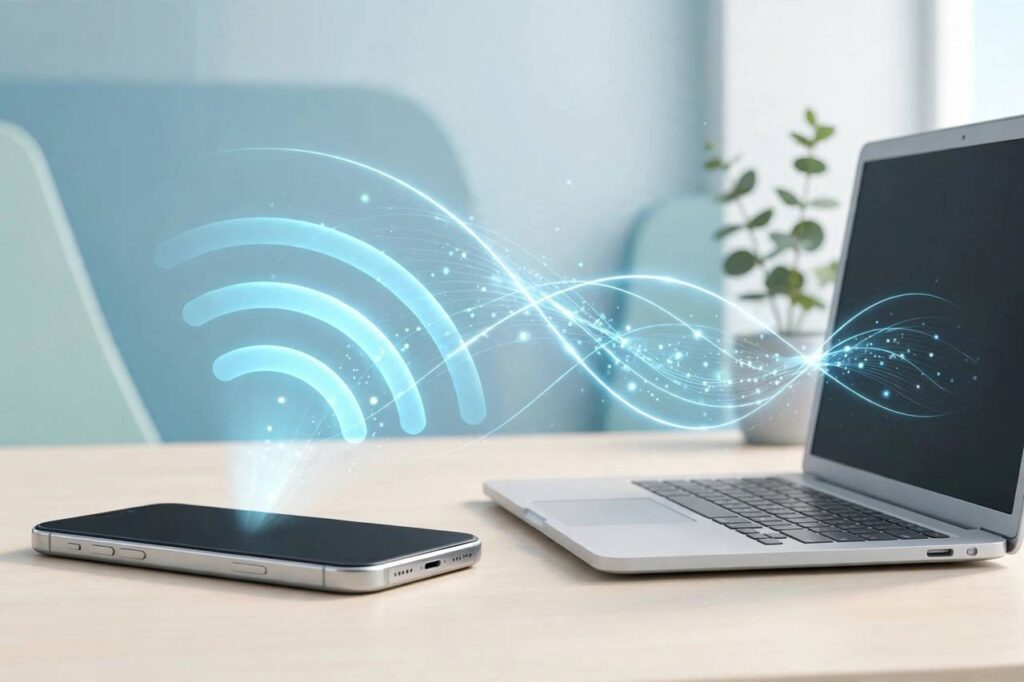 Smartphone sharing its internet connection with a laptop via hotspot, stylized illustration