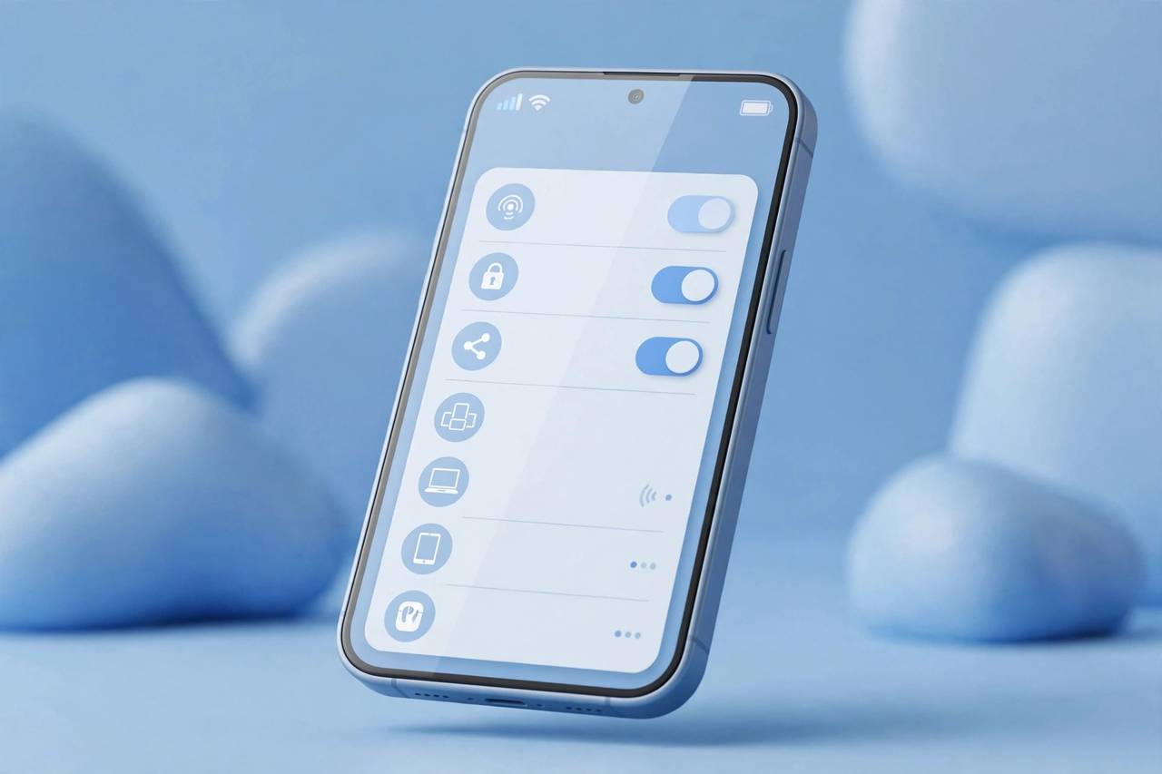 Phone hotspot settings screen with connected devices list, stylized illustration