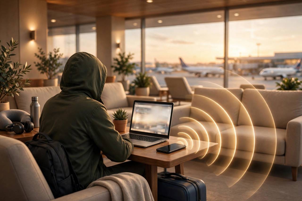 Traveler using a laptop connected to a phone hotspot in an airport lounge, stylized illustration