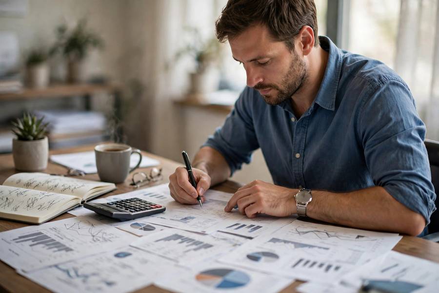 Business owner calculating company valuation with documents