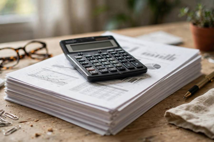 Calculator on top of business financial reports