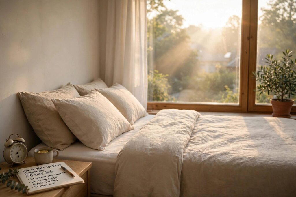 Early morning sunlight streaming through a bedroom window onto a neatly made bed