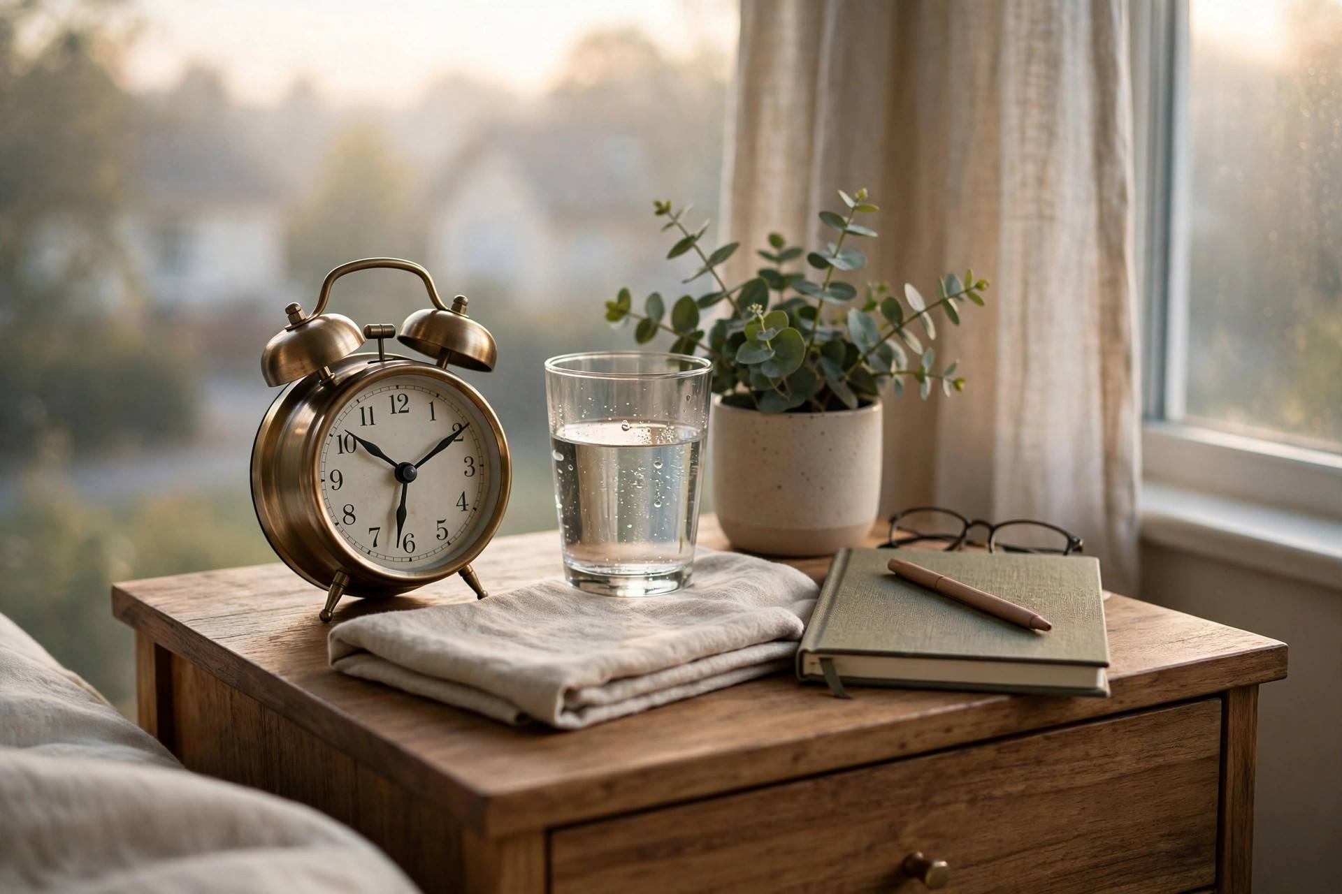 An alarm clock on a nightstand beside a glass of water in soft morning light