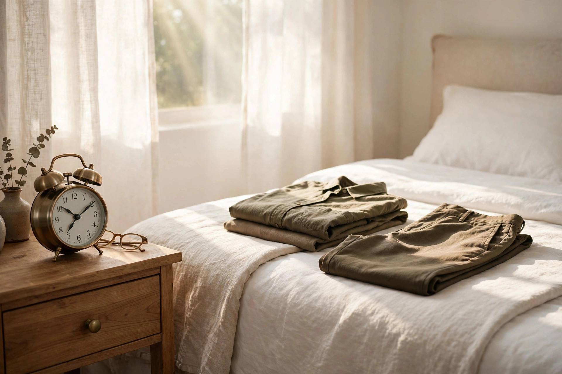 A person in modest sleepwear opening curtains to bright morning sunlight in a bedroom
