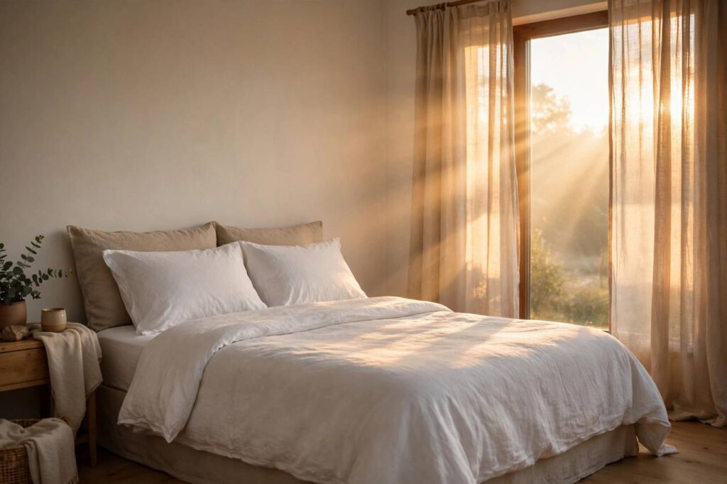Sunrise light streaming through bedroom curtains onto an empty made bed, calm morning