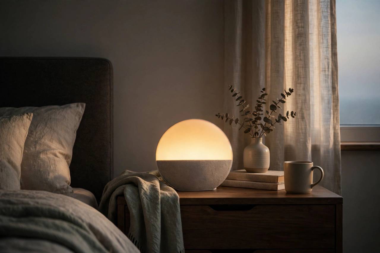 Dawn simulator lamp glowing softly on a nightstand in a dim bedroom