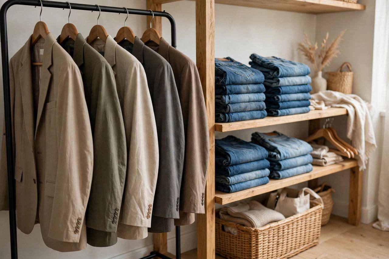 A clothing rack with blazers in neutral colors beside folded jeans on a shelf — building a blazer-and-jeans wardrobe
