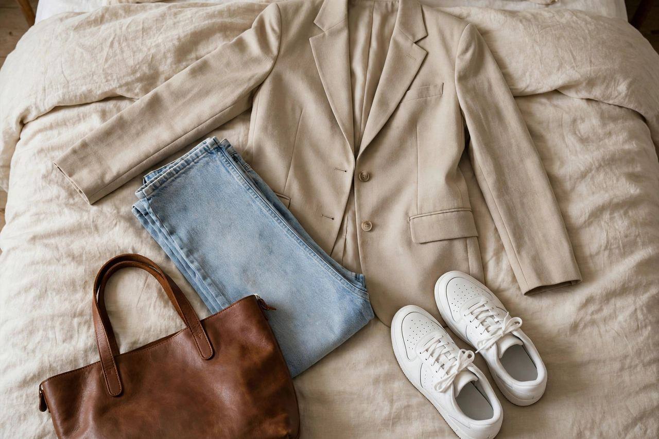 A flat lay of a beige blazer, light-wash jeans, white sneakers, and a leather tote bag on a bed