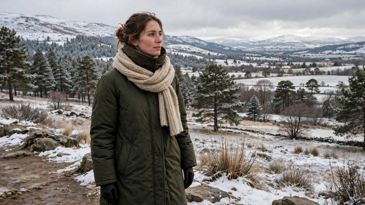 Woman in a modest winter coat with a high funnel collar wearing a wrapped wool scarf styled outside the collar