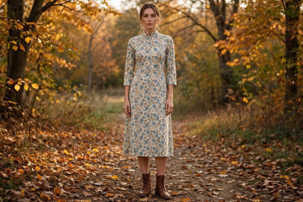 A woman wearing a floral knee-length dress with brown leather ankle boots in autumn light