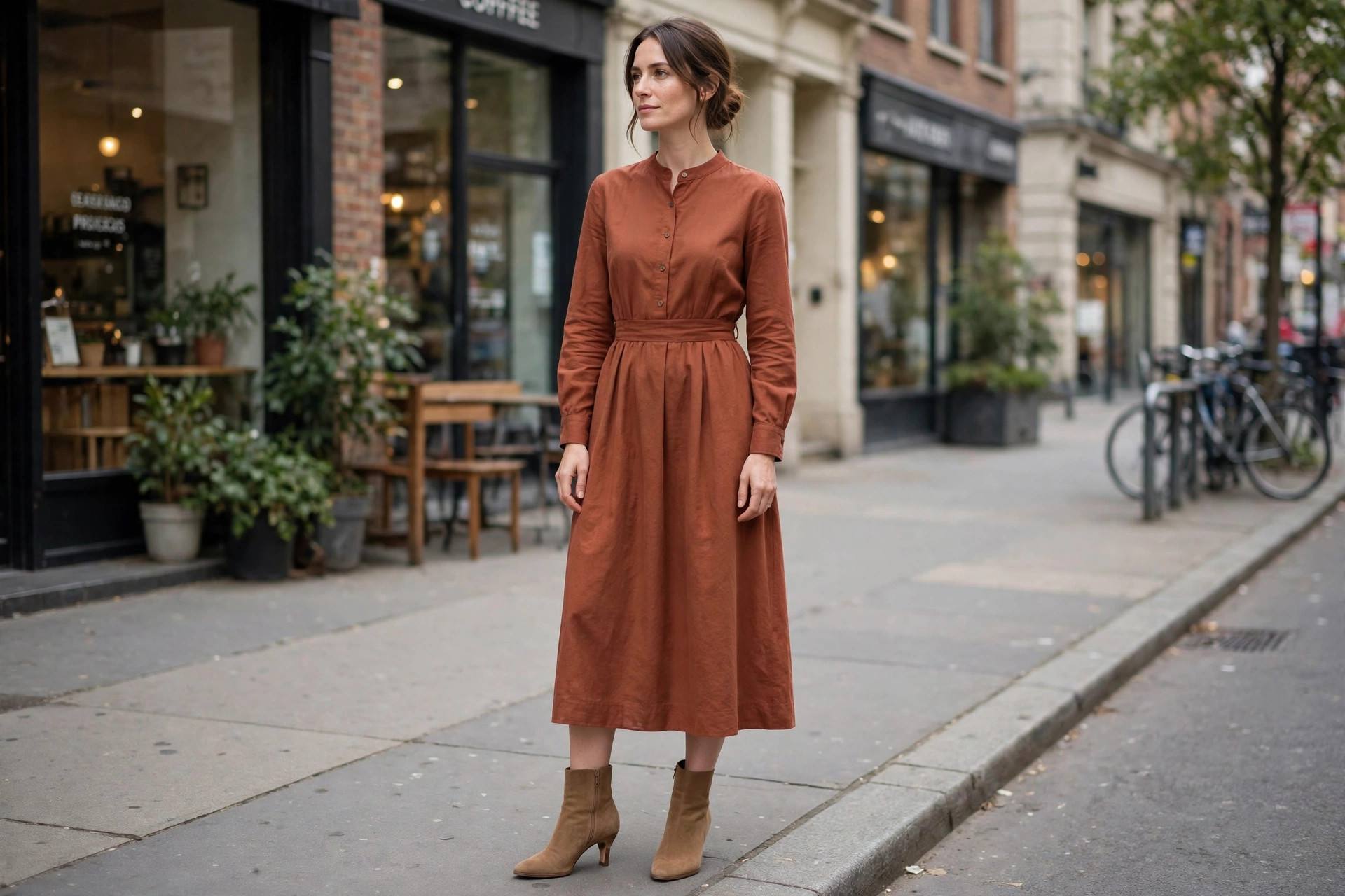 A woman in a rust-colored midi dress and tan heeled ankle boots standing on a city sidewalk