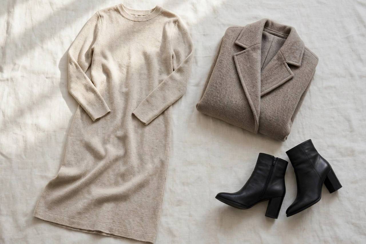 Flat lay of a knit midi dress with black heeled ankle boots and a wool coat