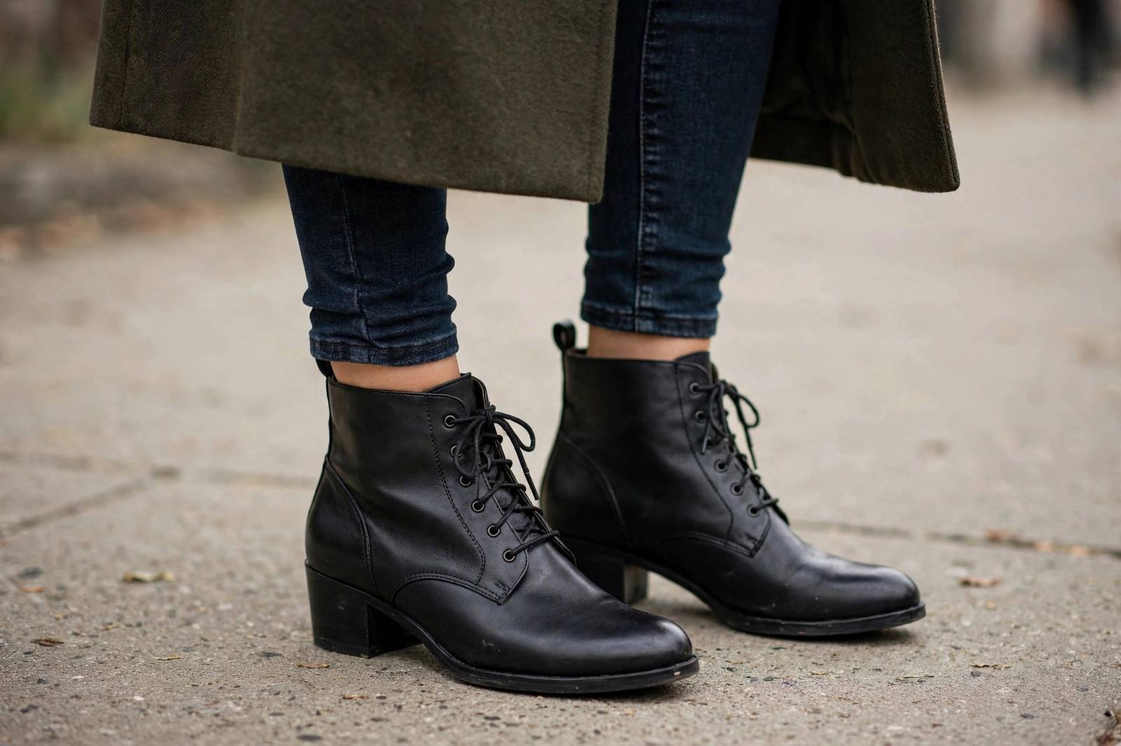 Close-up of black ankle boots paired with cropped skinny jeans and a long coat