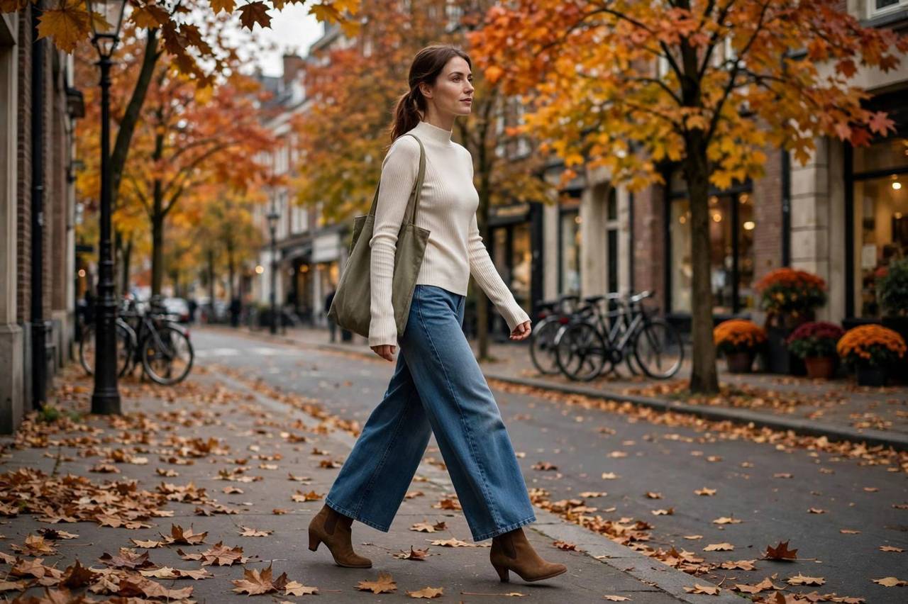 A woman in wide-leg jeans and heeled ankle boots walking through an autumn street