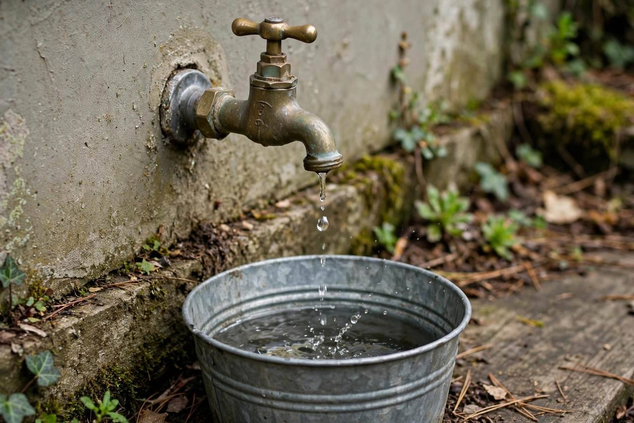 Insulated faucet cover fitted over an exterior wall spigot on a brick house