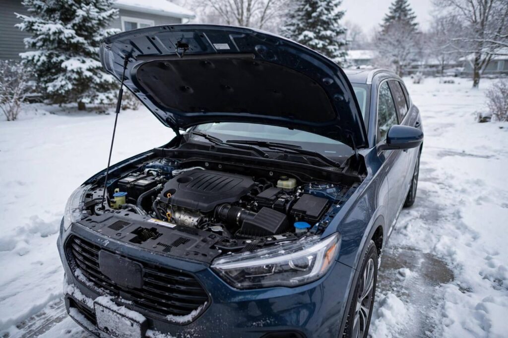 Car with hood open in a snowy driveway, engine bay visible, winter maintenance preparation, no people