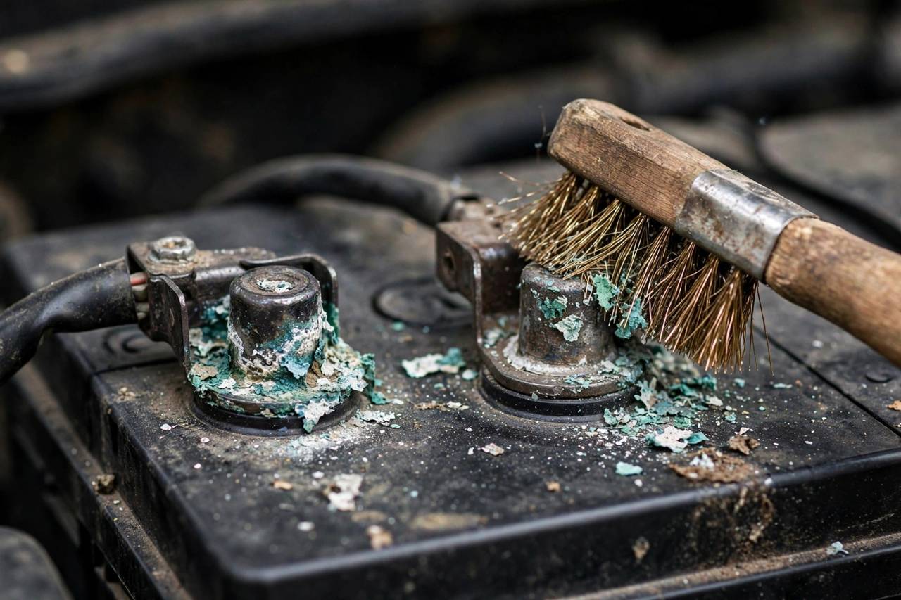 Close-up of car battery terminals with visible corrosion being cleaned with a wire brush