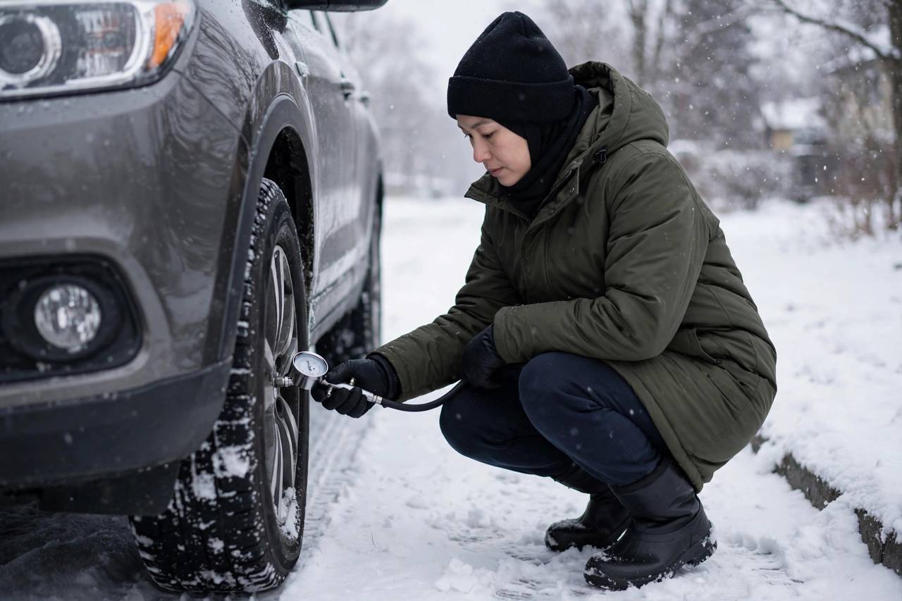 Person in modest full-coverage winter clothing checking tire pressure with a gauge on a snowy day