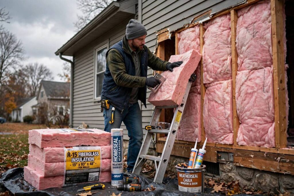 Homeowner preparing house exterior for winter with insulation