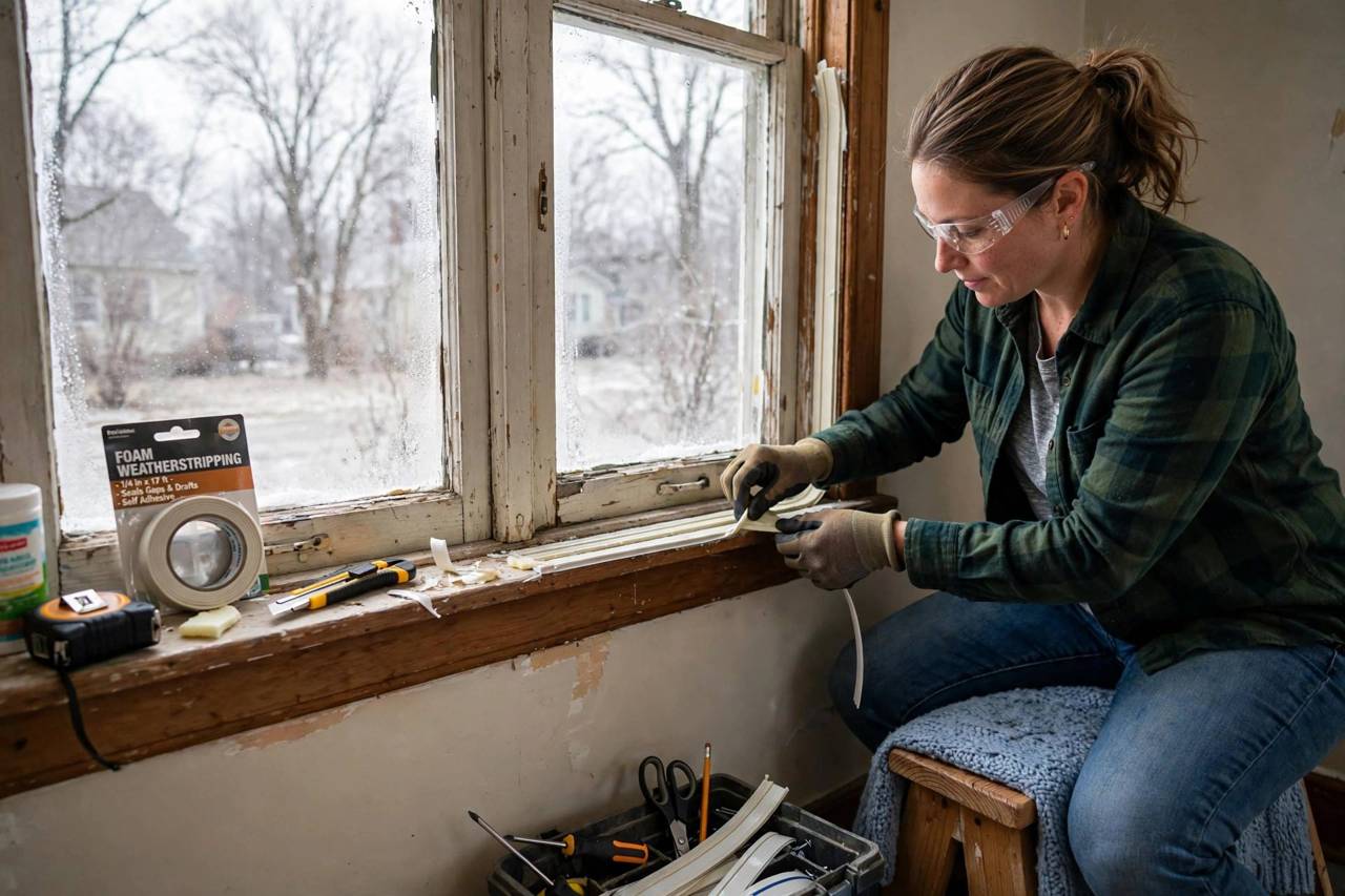 Homeowner applying weatherstripping to a drafty window before winter