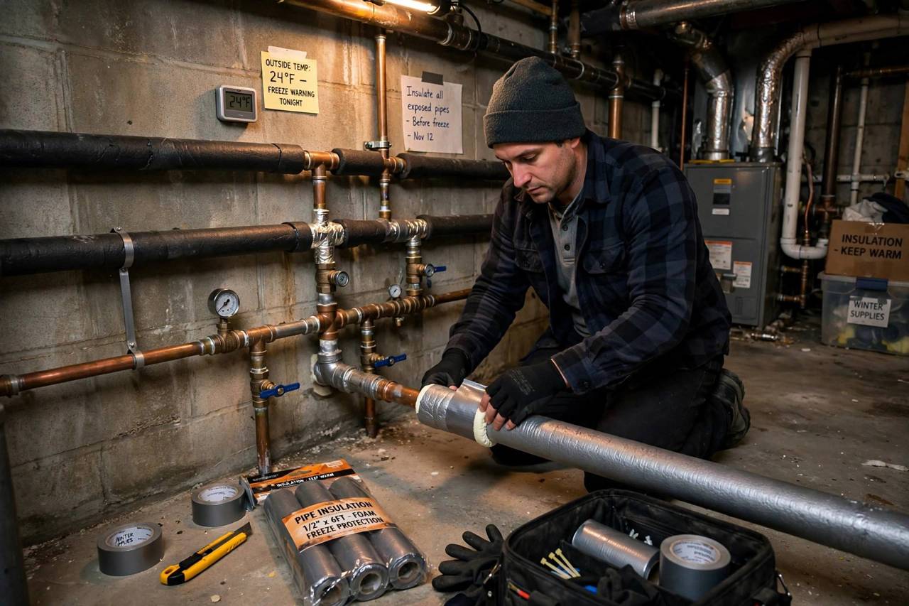 Person insulating exposed water pipes in a basement before freezing temperatures