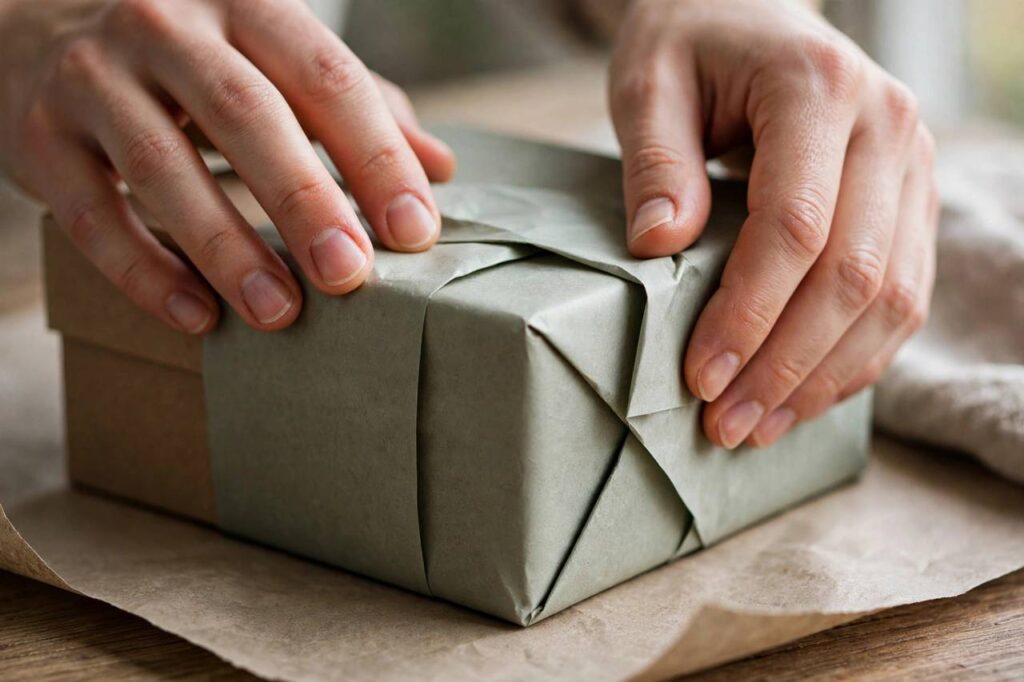 Hands folding wrapping paper with crisp creases around a gift box on a table, close-up, no faces