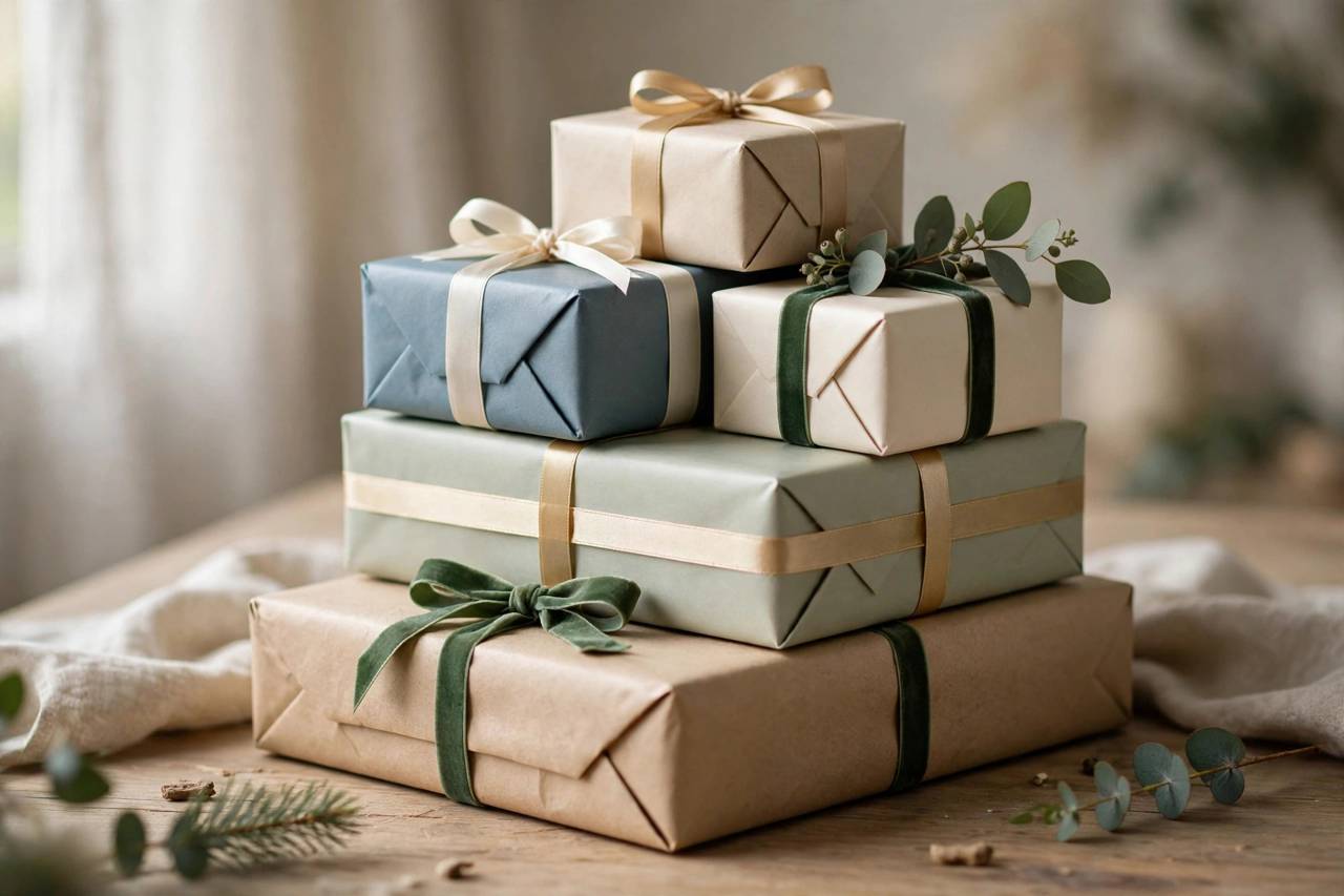 Stack of neatly wrapped gifts with ribbons and crisp corners under soft light