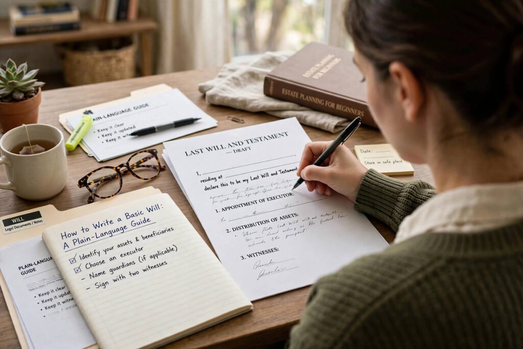 Person writing a will document at a desk with a pen and papers