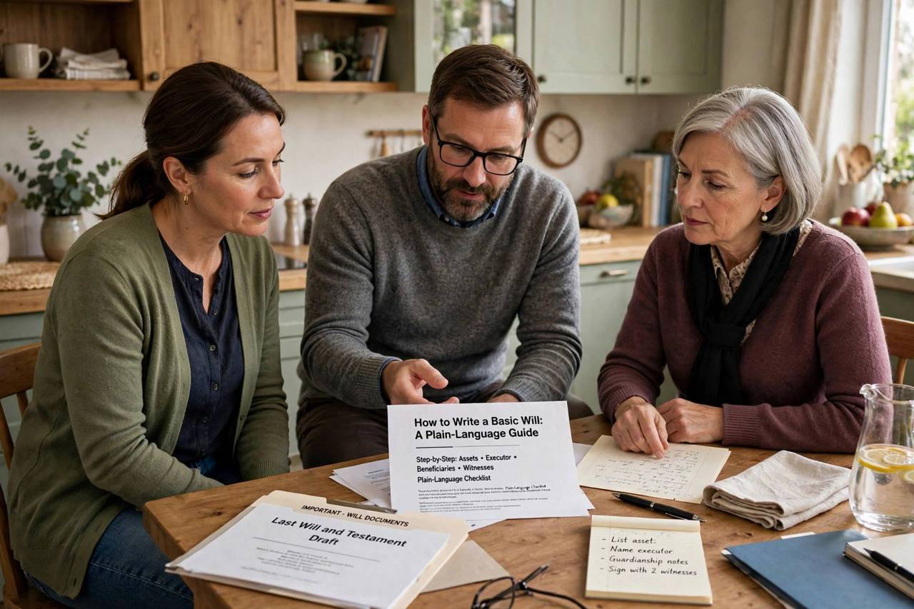 Family discussing important documents together at a kitchen table