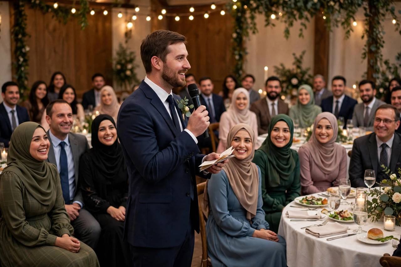 Best man standing at a wedding reception holding a microphone and note cards, guests smiling at their tables