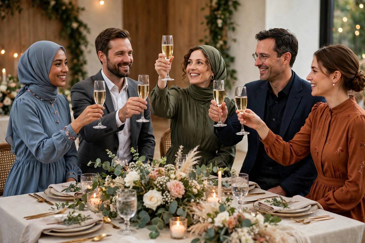 Wedding guests raising champagne glasses in a toast at a decorated reception table