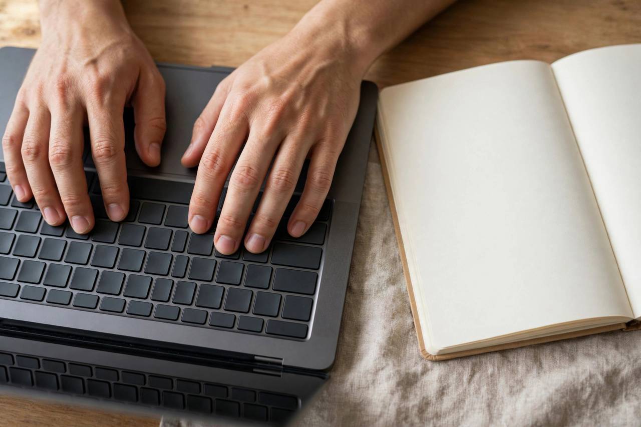 Close-up of hands typing on a laptop keyboard next to a notebook, no faces visible