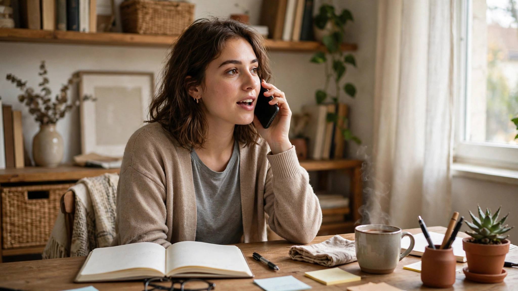 Blogger in a modest home office speaking into a phone to dictate a blog post draft