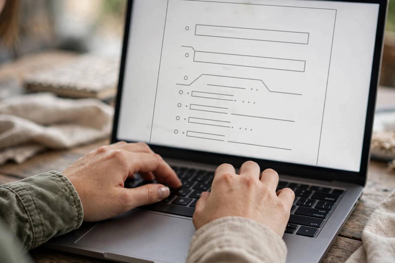 Close-up of hands typing a blog draft on a laptop with an outline visible on screen
