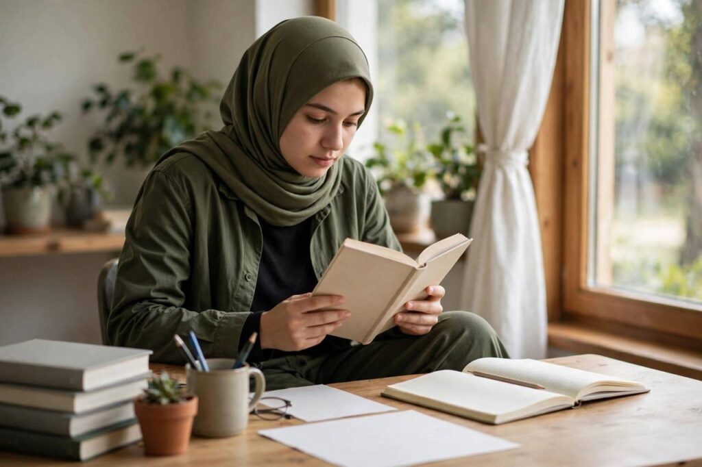 Student in modest full-coverage clothing reading a novel and taking notes at a bright desk