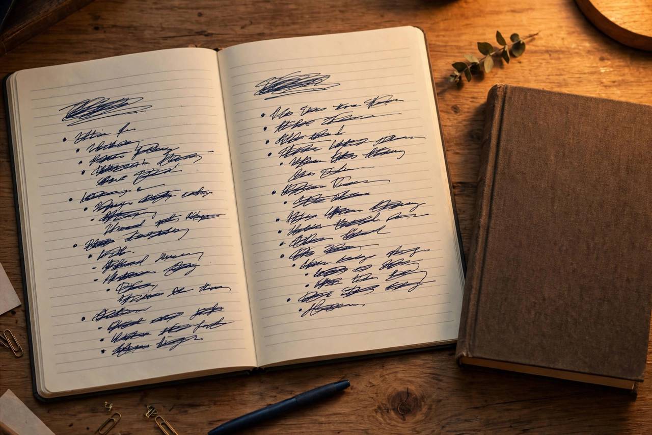 Open notebook showing a book report outline with thesis statement and bullet points