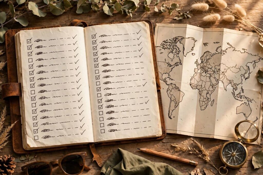 Open travel journal with a handwritten bucket list beside a world map, adventure planning