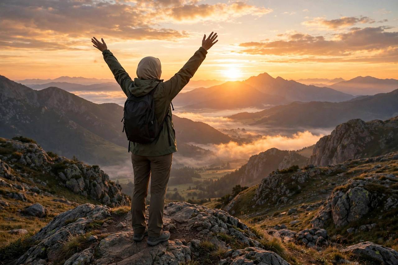 Person watching sunrise from a mountain viewpoint, arms raised, modest outdoor clothing