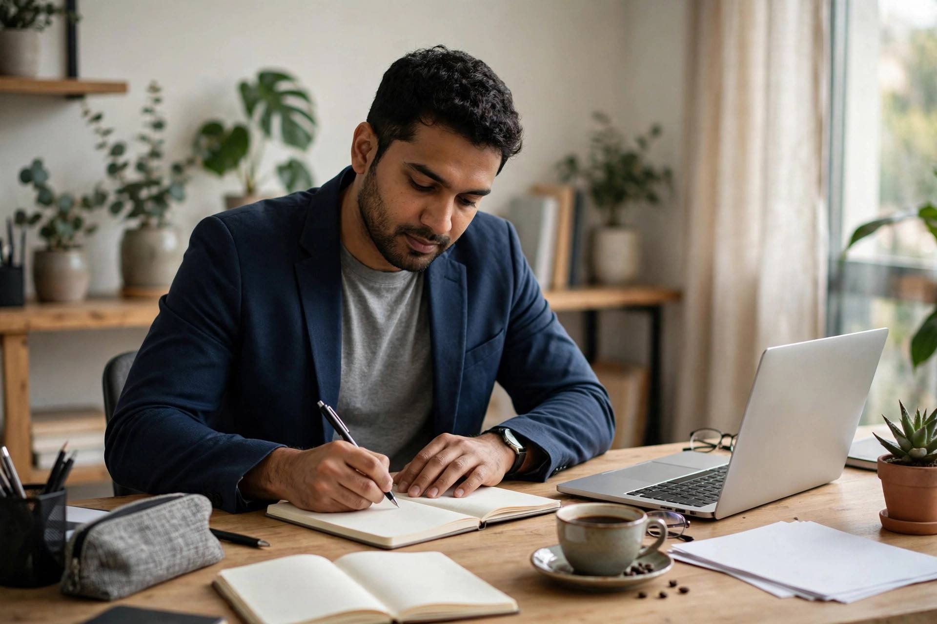 Entrepreneur writing a business plan at a desk